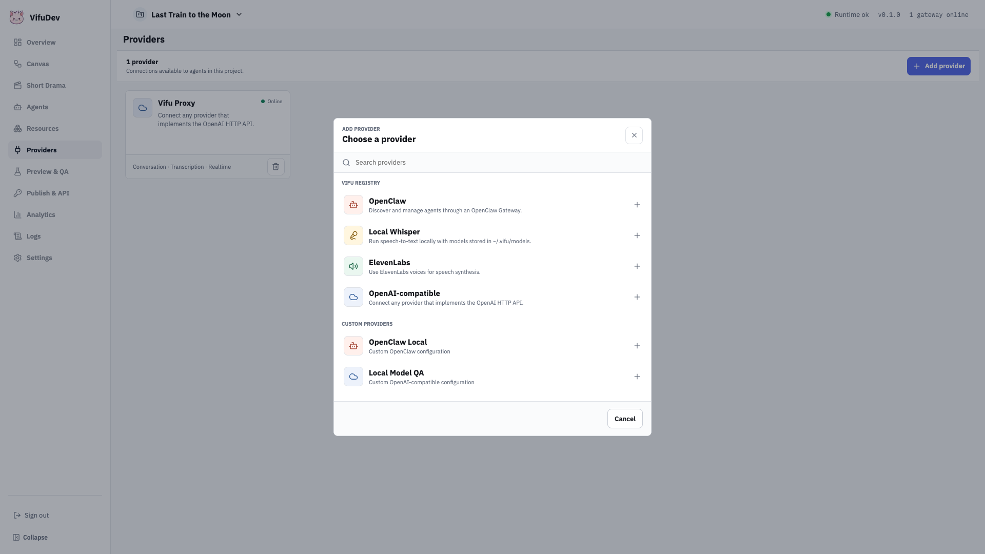 Choose a provider in the Vifu Dashboard